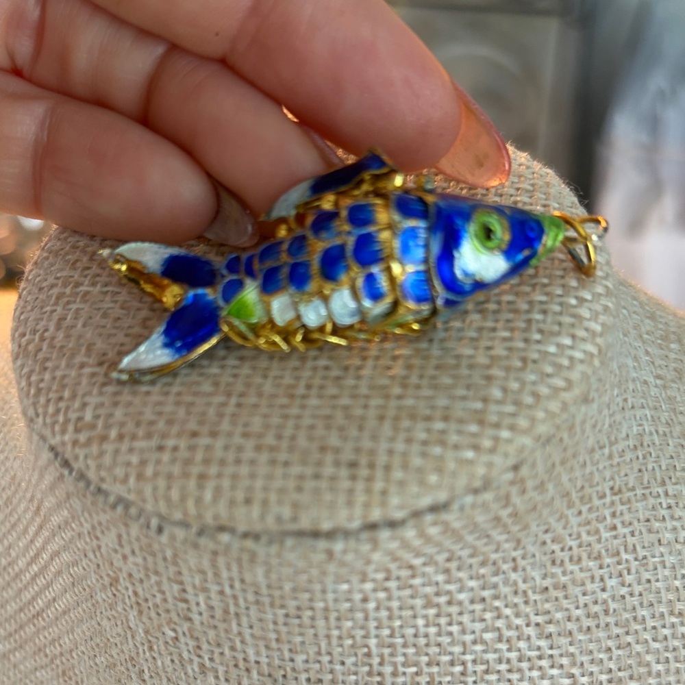 Vintage Cloisonné Blue   and Gold Enamel Fish Pendant